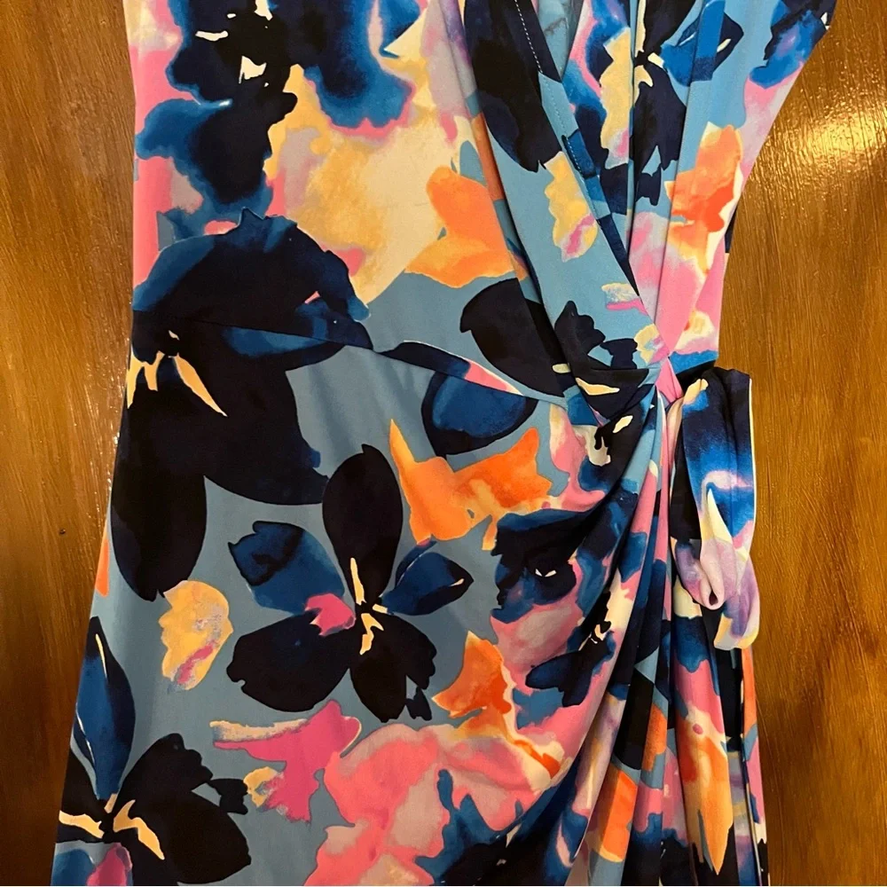 Maggy London Colorful Wrap Vneck Womens Dress Size 16 Tie - Picture 3 of 7